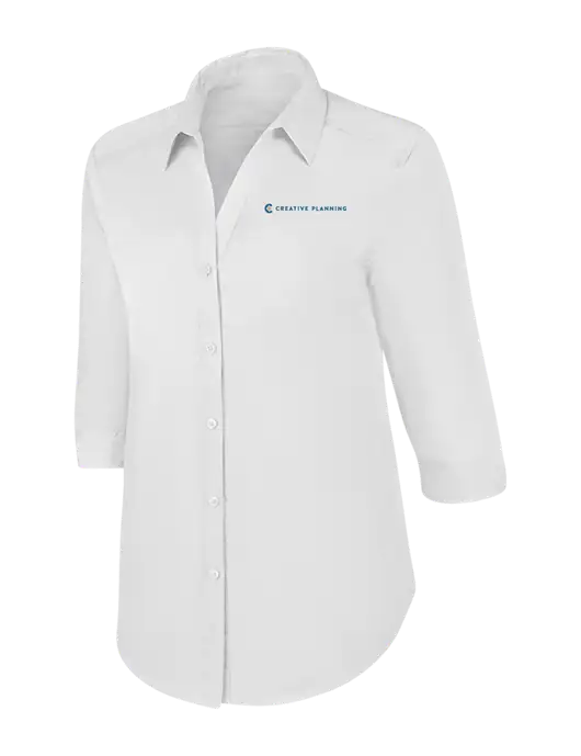 Womens White 3/4 Sleeve Carefree Poplin Shirt w/Creative Planning Logo