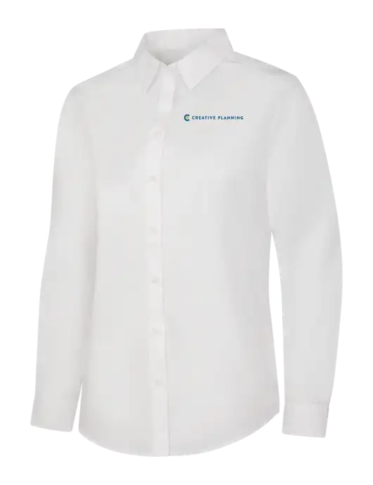 Womens White Long Sleeve Carefree Poplin Shirt w/Creative Planning Logo
