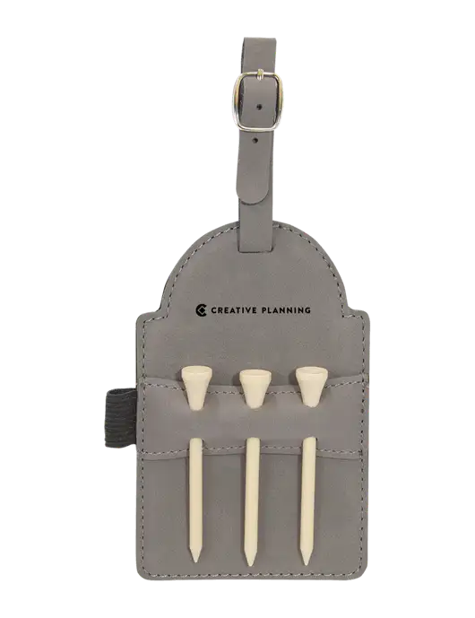 Grey Leatherette Golf Bag Tag with 3 Wooden Tees w/Creative Planning Logo