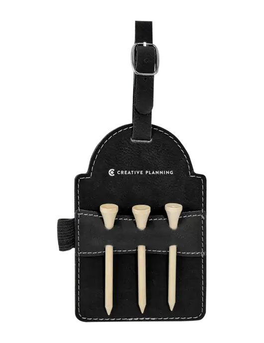 Black Leatherette Golf Bag Tag with 3 Wooden Tees w/Creative Planning Logo