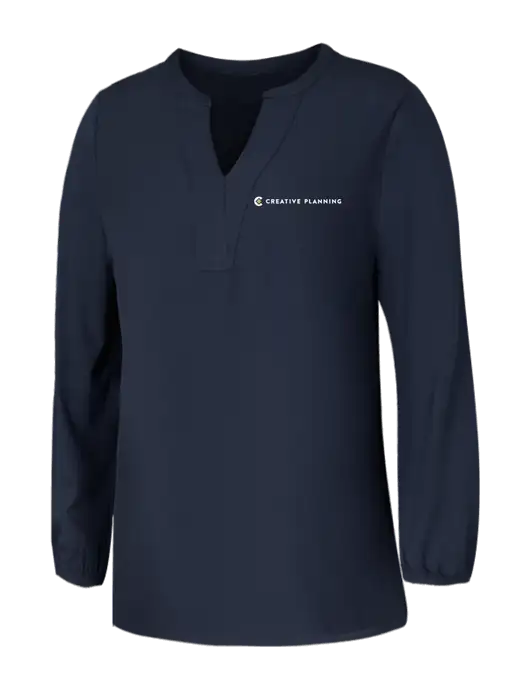 Mercer+Mettle Womens Navy Stretch Crepe 3/4 Sleeve Blouse w/Creative Planning Logo