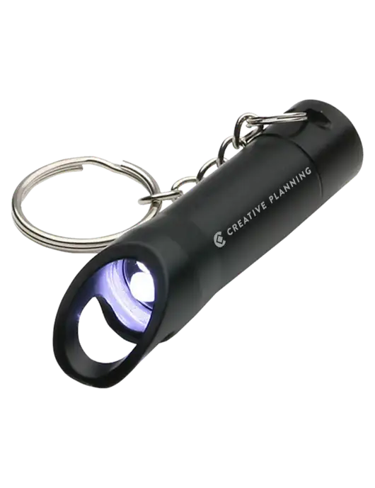 Black Pocket LED Flashlight with Bottle Opener & Keychain w/Creative Planning Logo