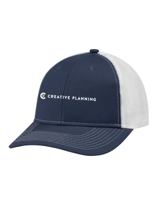 Snapback Ponytail Trucker Cap Navy w/White Mesh w/Creative Planning Logo