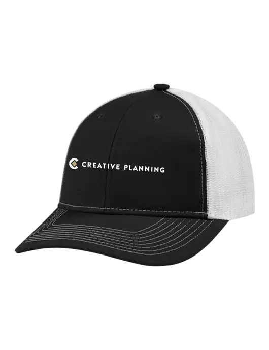 Snapback Ponytail Trucker Cap Black w/White Mesh w/Creative Planning Logo