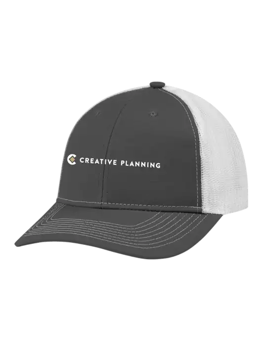 Snapback Ponytail Trucker Cap Dark Grey w/White Mesh w/Creative Planning Logo